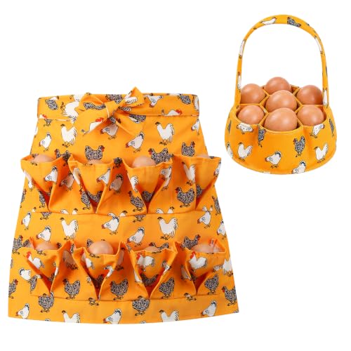 Egg Collecting Apron and Basket, 8 Pouches Chicken Egg Apron for Kids, 7 Pouches Egg Basket for Gathering Fresh Eggs - color: Yellow