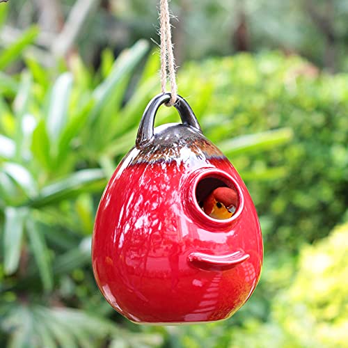 Kimdio Birdhouse Ceramic Hanging Birdhouses Bird Hut Hanging Outdoor Birdhouse for Wild Birds, Finch, Cardinal, and Bluebird - Red - color: a - Red