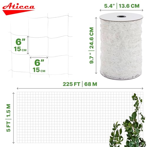 ATICCA Trellis Netting 5 x 225 ft Heavy Duty Polyester Plant Support Netting White - 6 Inch Garden Rope Trellis on Roll - Mesh Twine for Growing Vine Climbing Plants, Flowers, Peas, and Tomatoes. - size: 5x225ft Polyester Trellis Netting