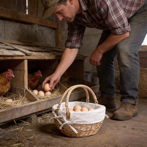 YRMT Wicker Egg Basket Handmade Egg Collecting Basket with Handles and lining Farmhouse Garden Harvest Basket Natural 11"x11"x5"