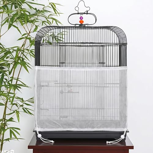 Large Bird Cage Seed Catcher 31 x 118 inches Adjustable Soft Airy Skirt Guard Birdcage Nylon Mesh Net, Birdcage Cover Skirt Seed Guard for Parrot Parakeet Macaw Round Square Cages - color: White