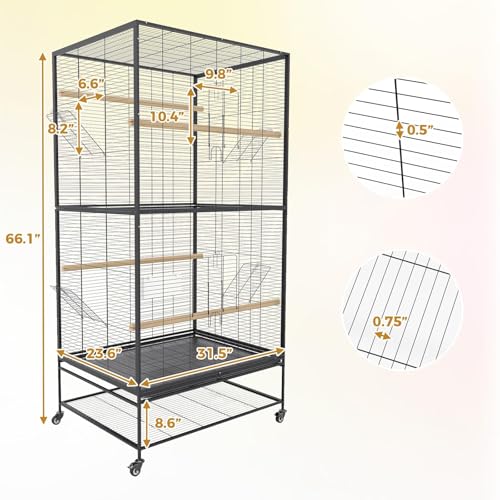 66-inch Wrought Iron Standing Large Parrot Parakeet Flight Bird Cage with Rolling for Small Parrot Sun Parakeet Green Cheek Bird Cage with Stand