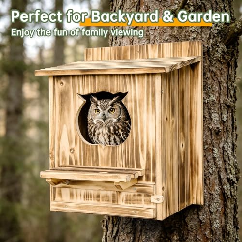 Owl Nesting Box for Outside 14.2×12×7.5 Inch Screech Owl House Bird House | Owl-Shaped Entrance, Wooden Bird Box, Easy to Install, Ideal For Backyard Birding & Wildlife