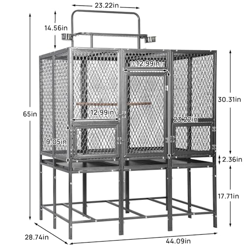 44" Carbon Steel Bird Flight Cage Detachable Playtop Indoor Outdoor | Heavy Duty Carbon Steel Flight Cage for Cockatiels, Parakeets, Conures & Lovebirds (Indoor & Outdoor Use) - color: grey with silver dots