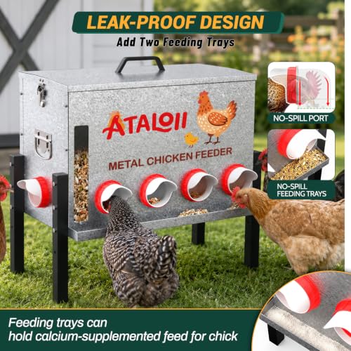 16gal 82LB Large Automatic Chicken Feeder with Window, Food Tray - No Waste | No Spill, Rust-proof Alloy Steel Poultry Feeder, Waterproof Metal Chicken Feeder for Indoor & Outdoor Chicken Coops (10 Ports - size: 16gal