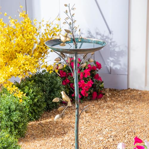 Evergreen Cast Metal Outdoor Garden Bird Bath and Feeder on Pedestal | Birds on Leafy Branch | 37.5 inches Tall | Antique Finish | Round Bowl Outside Rustic Decor Patio Porch Deck - size: 37.5"H Leafy Branch