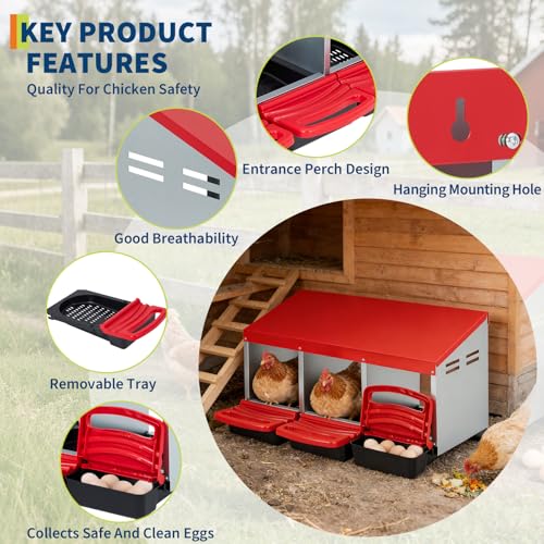 Chicken Nesting Boxes, Metal Chicken Egg Laying Box, Hen Nesting Box with Swing Perch and Rollout Egg Collection for Chicken Coop, Red, 3 Compartments - color: Red with 3 - Slot