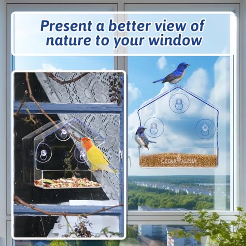 2Pk Window Bird Feeder for Outside, Window Birdfeeder with Strong Suction Cups, Bird Feeders for Viewing (Clear) Acrylic - High Transparency, Multifunction for All Kinds Seeds, Robust 1/8“ Thick