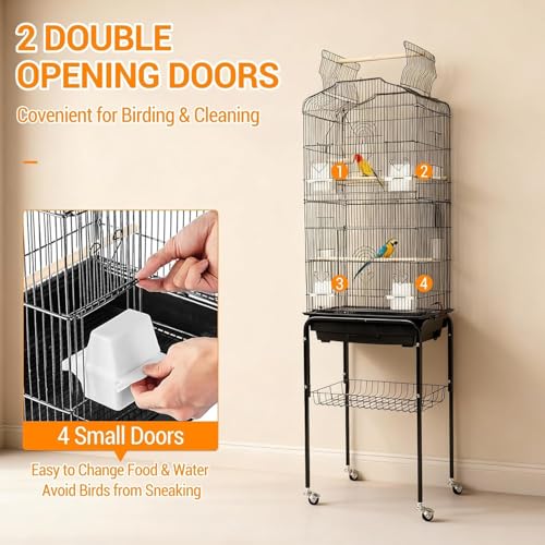 64 in Bird Cage, Parrot Cage, Parakeet Cage - Large Hanging Birdcage with Solid Iron Wrought Construction, Rolling Storage & Bird Stand, Flight Nest for Cockatiel, Budgie, Canary & Small Parrots - size: 18.0"L x 64.0"W x 14.0"H