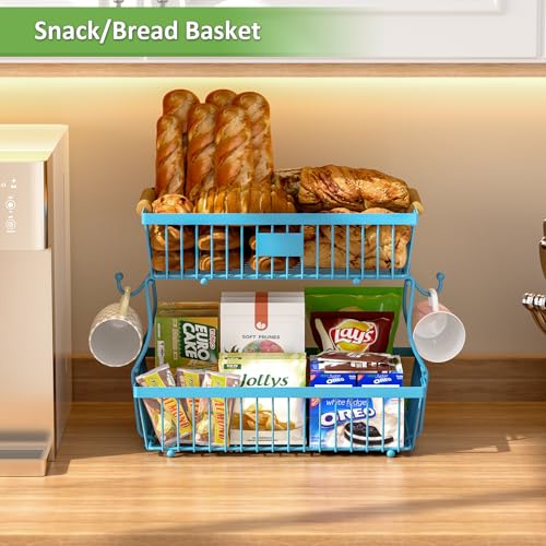 2 Tier Fruit Basket for Kitchen Counter with 2 Banana Hangers, Countertop Metal Bread Basket with Wooden Handle, Large Storage Stand for Vegetables, Snacks, Eggs, Produce Storage – Blue - color: Blue, size: 2 Tier