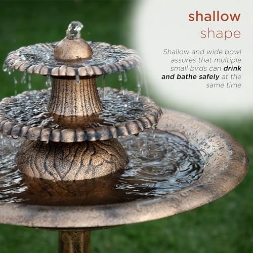 Alpine Corporation TEC106-BZ 35” Tall 3-Tier Pedestal Water Fountain with Birdbath in Vintage – Outdoor Garden Fountain for Yard, Patio, Deck Decoration, Bronze