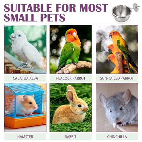 Anti-Tip Bird Bowls for Water and Food, Heavy Duty 304 Stainless Steel Parrot Feeder Cups with Locking Buckle, Bird Cage Accessories for Parakeet Cockatiel Conure Budgie, 12.5oz