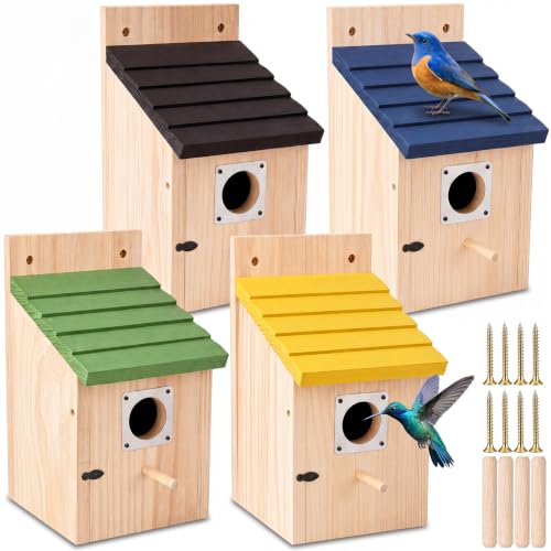 Marsui 4 Pack Wood Bird Houses for Outside Blue Bird Houses Set with Pole | Bird Houses for Outdoor, with Metal Guards, Safety Locks, Flight Slots, Ventilation for Bluebirds Wrens Finches