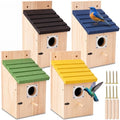 Marsui 4 Pack Wood Bird Houses for Outside Blue Bird Houses Set with Pole | Bird Houses for Outdoor, with Metal Guards, Safety Locks, Flight Slots, Ventilation for Bluebirds Wrens Finches