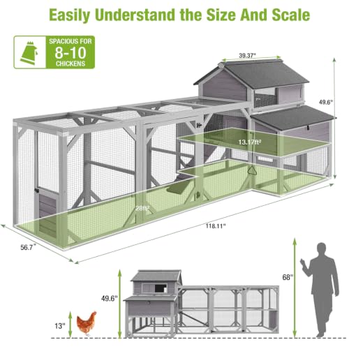 GUTINNEEN Large Chicken Coop with Run for 8-10 Chickens, Wooden Outdoor Hen House with 3-Section Nesting Box, Walk-in Poultry Cage, Pull-Out Metal Tray, Multiple Perches, Secure Ventilated Design - size: 118.1"L x 56.7"W x 49.6"H