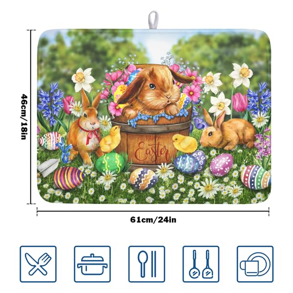 Easter Bunnies Eggs Dish Drying Mat for Kitchen Counter,Spring Colorful Flowers Drying Mat 18 x 24 Inch with High Absorbent Microfiber Drainer Mat for Coffee Bar - color: Bunnies, size: 18" x 24"