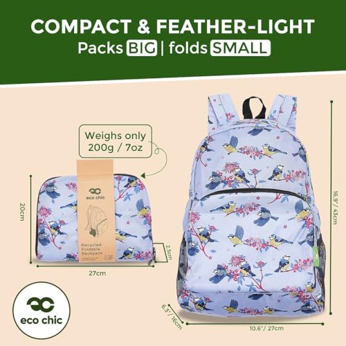ECO CHIC Hiking Lightweight Packable Backpack - Foldable Daypack for Travel & Hiking & Outdoor Adventures - Waterproof Backpack from Recycled Materials (Blue Tits Lilac) - color: Blue Tits Lilac