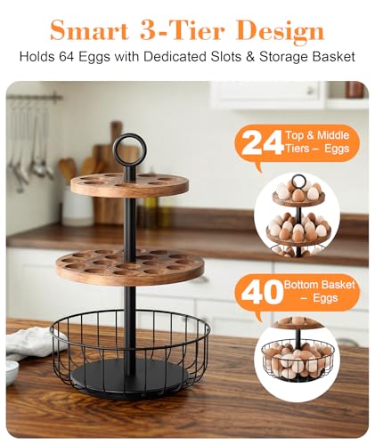 3-Tier 360° Rotating Egg Holder with Basket, Holds 64+ Eggs | Rustic farmhouse egg rack, 3-tier 360° rotating; ventilated wooden trays, metal basket. Holds 24+40 eggs. - size: 360° Rotating