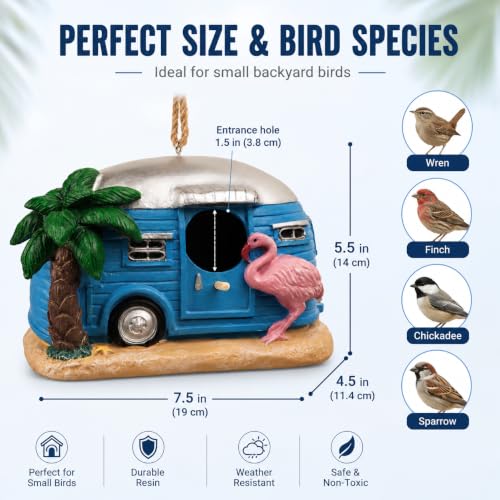 Coastal Flamingo Camper Birdhouse, Hand Painted Resin Bird House for Outdoors, Waterproof Hanging Garden Decor for Patio, Backyard & Tree - style: flamingo