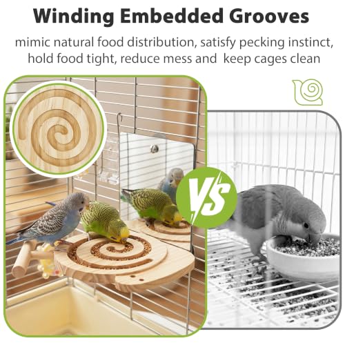 Bird Foraging Toys with Perch & Mirror, Easy for Novice/Older Birds | Kiln-Dried Wood Bird Enrichment Toy for Cage, Slow Feeder & Interaction Puzzle Toy to Reduce Seed Mess, Visible Food Design - size: with mirror