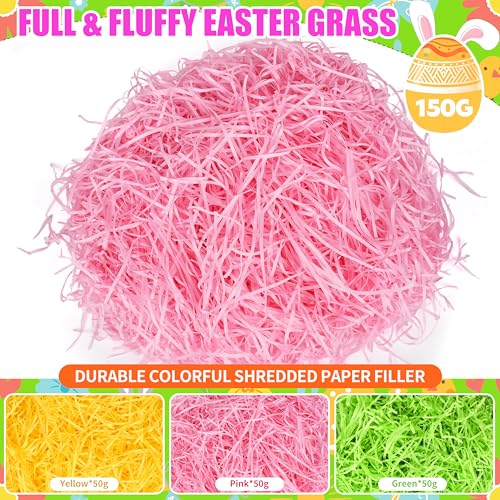 Seifar 5.3oz/150g Easter Grass Basket Filler, Green Pink Yellow Recyclable Shred Paper Shred Fillers Easter Basket Grass for Easter Gift Basket Gift Wrapping Party Decorations - color: Green+Pink+Yellow, size: 150g