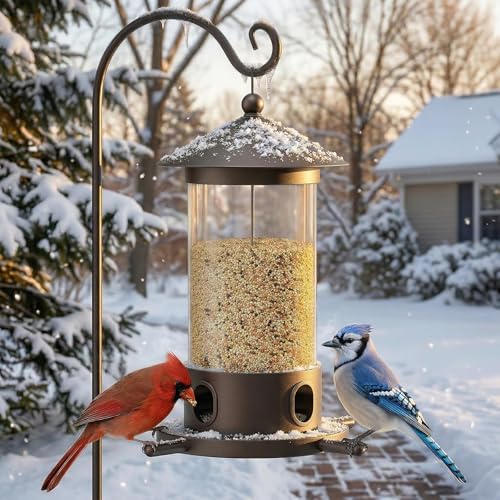 Metal Bird Feeder for Outdoor Hanging - Premium Iron Wild Bird Feeders, Bronze Heavy Duty Iron with Drainage Holes, One-Handed Refill Sliding Roof, Elegant Minimalist Garden Decor