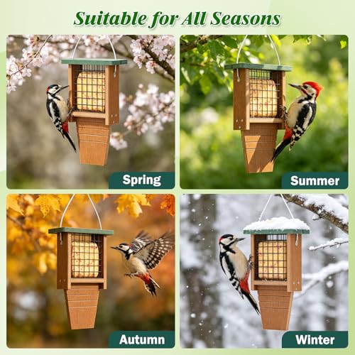 Gtongoko Recycled Plastic Suet Bird Feeder for Outside Hanging, Woodpecker Suet Feeder with Tail Prop, Hanging Suet Holder Birdfeeders, 1 Pack, Green
