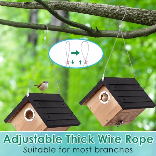 Dreyoo 2 Pack Wren House, 1-1/8'' Entrance Hole Hanging Wooden Wren Bird Houses for Outside with Metal Guard, Air Vents, Pine Wood for Chickadees (Black,Burnt Wood Color) - color: Black, Burnt Wood Color