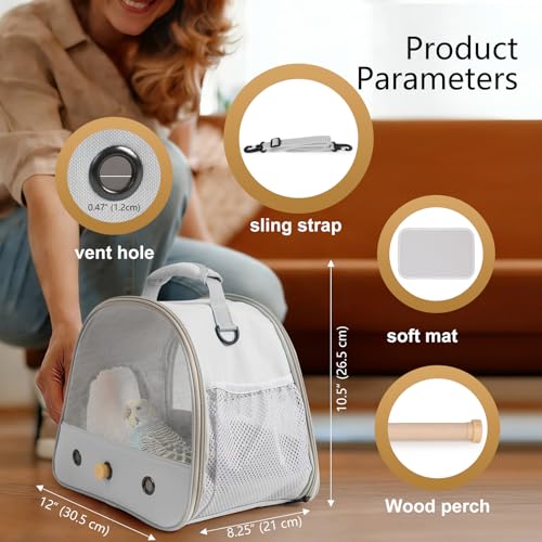 Bird Carrier, Portable Small Bird Parrot Parakeet Carrier with Standing Perch and Soft Mat, Side Access Window Collapsible (Grey, Mesh Windows) - color: Grey
