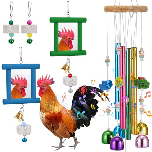 VioraWhite 7 Pcs Chicken Toys, Hanging Chicken Wind Chime, 2 Pcs Coop Mirror Toys with Bells 4 Pack Beak Grinding Stones, Musical Coop Accessories for Hen Rooster Chick Poultry Birds(Green, Blue) - color: Green, Blue