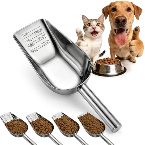 Dog Food Scoop Stainless Steel with Long Handle, Precise Measuring Cups | 1.5, 1 1/4, 1, 3/4, 1/2 Cup, Pet Scoop for Cats, Rabbits, Animals, Metal Spoon for Dog Food Storage (1.5CUP) - size: 1.5CUP