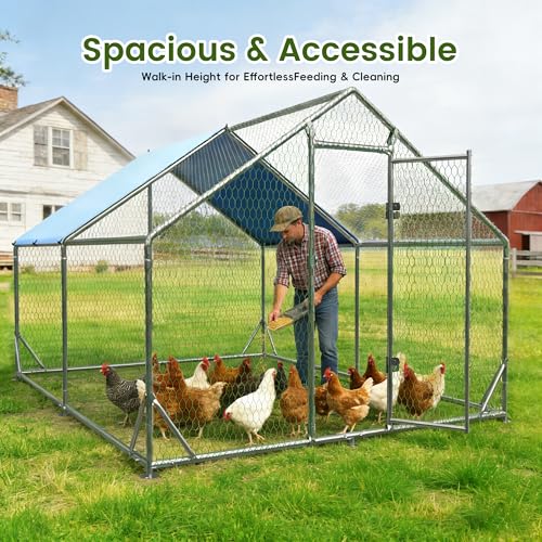 EUNHOO Large Metal Chicken Coop, 13x9.8x6.4ft Walk-in Poultry Enclosure with Peaked Roof and Waterproof Cover, Spacious Outdoor Chicken Run Cage for Backyard,Farm,Yard