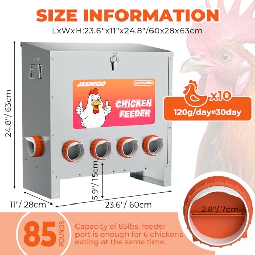 6 Port Automatic Chicken Feeder, No Waste Poultry Feeder with Lid | 85 LBS Large Gravity, Weatherproof Lid, Locking Latch, Convenient Handle, Heavy Duty Automatic Metal Chicken Feeder - size: 6 Ports (85-120 LBS)