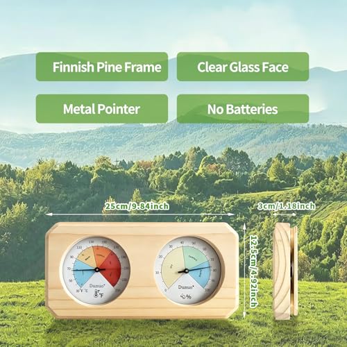 2-in-1 Sauna Thermometer Hygrometer, Finnish Pine | Color Coded Comfort Dial, Solid Wood Craft, °F/°C Dual Scale, Battery-Free Wall Mount, Fits Steam & Home Sauna