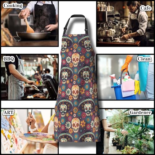 Chef Apron for Men Mexican Sugar Skulls Flowers Craft Aprons for Women for Kitchen Cooking Restaurant BBQ Painting Crafting 27” (W) x 31” (H), Waterproof Aprons - color: Mexican Sugar Skulls Flowers