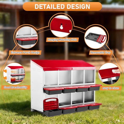 Outvita Two-Tier Chicken Nesting Box Red 8 Compartments | Metal Egg Laying Box with Rollout Egg Collection & Swing Perch for Backyard Chicken - color: Red, size: 44.6"L x 20.5"W x 31.1"H