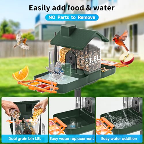 Bird Feeder with Camera and Bath, Dual-Lens 2K HD Video, AI Bird Identification, Solar Powered, Instant Alerts, IP66 Weatherproof - color: Deep green