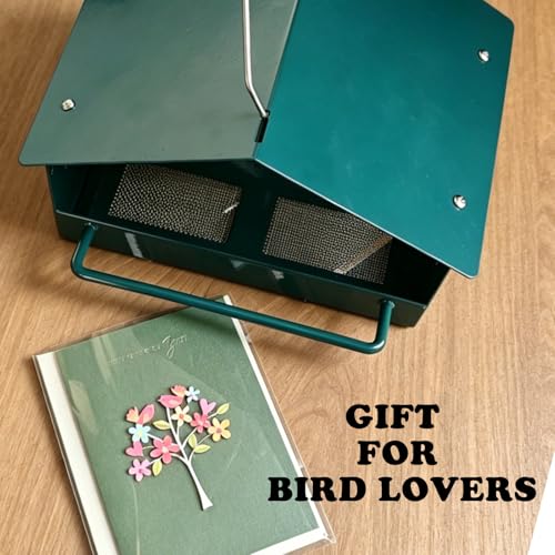All-Metal Platform Bird Feeder, Dark Green Hanging Feeder | Double-Sided Long Perches, Stainless Steel Mesh Tray, Extended Roof Eaves and Rust-Resistant Finish for Small Birds