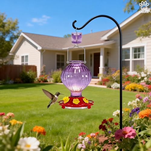 Glass Hummingbird Feeder for Outdoors Hanging, 38 oz Nectar Capacity, 6 Feeding Ports, Leak-Proof Rust-Free Plastic Base, Easy to Refill & Clean, Decorative Purple Glass Bird Feeder for Garden Patio - color: Purple, size: 38 Fluid Ounces