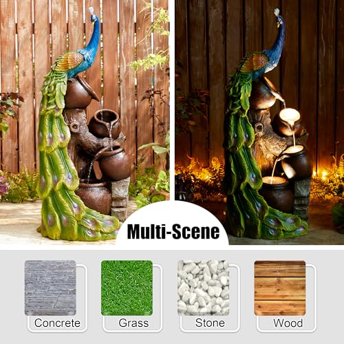 Glitzhome 4-Tier Peacock and Jars Outdoor Water Fountain with LED Light, 40”H Oversized Resin Peacock Sculpture Waterfall Fountain with Submersible Pump for Garden Patio Porch - color: Peacock