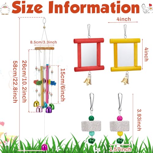 VioraWhite 9 Pcs Chicken Toys for Coop, Wind Chime, Chicken Mirror Toys with Bells, Beak Grinding Stones Swing Vegetable Net Bag, Vegetable Fruits Hanging Fork for Hens Bird Parrot