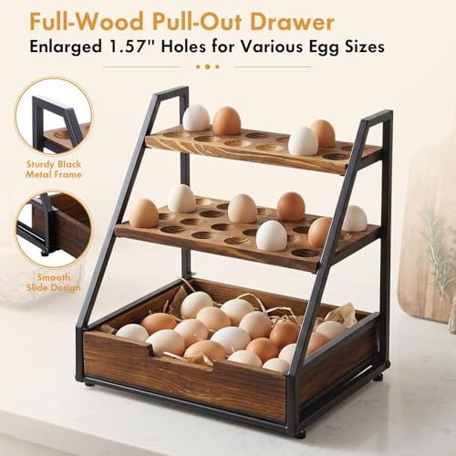 Reallnaive 3-Tier Wooden Egg Holder Countertop with Basket, Fits 36+90 Eggs, Wood Egg Collecting Rack with Carry Handle for Home Kitchen Chicken Duck Quail Eggs Storage Organizer
