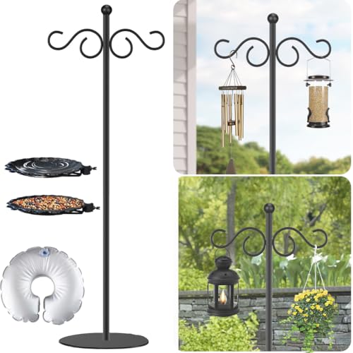 Thickened 74.5" Shepherd's Hook with Stand，Bird Feeder，Wind Chime Hanger Stand, Waterproof Metal & Adjustable-Height Pole Holder for Lantern ，Wreath, Hanging Plants Indoor & Outdoor（2 Placement Racks) - color: Thickened-Dark Black