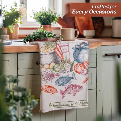 Maison d' Hermine Kitchen Towels Set of 3 Reusable 100% Cotton 27.50" x 20" | Cloth Tea Dish Towels Absorbent with Hanging Loop for Kitchen Dining Party Wedding Hotel Home Spring Summer - Gastronomie - color: 051 - Gastronomie