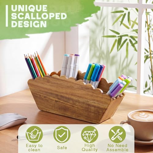 Jetec Scalloped Acacia Wooden Pencil Holder, Wooden Desk Organizer with 4 Compartment for Pens, Markers, Makeup Brushes, Remote Controls, Silverware, Decorative Cute Desktop Organizer for Office Home - color: Acacia