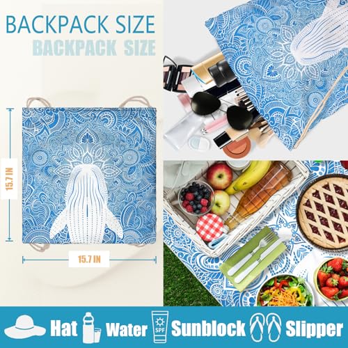 2-in-1 Convertible Towel & Backpack Microfiber Beach Towel Bag with Boho Whale - color: Mandala Whale Blue