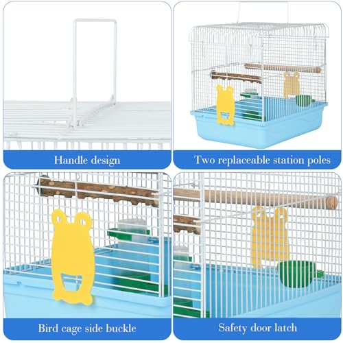 Small Bird Cage for Travel, Parrot Carrier with Handle 9.5"L x 12"W x 12"H | Sturdy, Easy to Clean & Install, Birdcages with Trays, Standing Perch, Feeder Cups for Smaller Birds Lovebird Parakeets, Blue - color: Blue