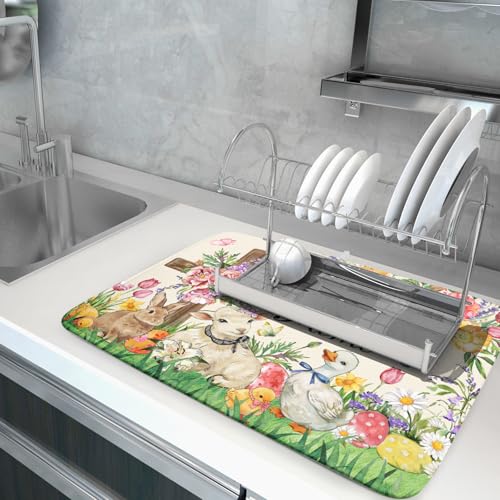 Easter Farmhouse Dish Drying Mat Funny Animal Microfiber Dish Pad for Kitchen Counter Large 18 X24 In - color: Colorful Farmhouse Animal, size: 24" x 18"