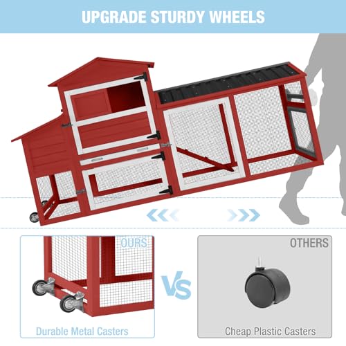 Large Chicken Coop with Run, 80.5’’ Chicken Tractor with Wheels, Wooden Hen House Poultry Cage with Plastic Waterproof Roof and Nesting Box, Leakproof Pull-Out Tray (Red) - color: Red, size: 80.5"L x 21.2"W x 42.5"H