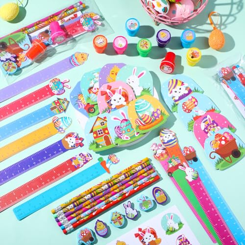 168 Pcs Easter Stationery Gifts Set Spring Easter Eraser Happy Easter Bookmark Rulers Easter Bunny Notepad Colorful Eggs Stickers Pencils Stamps for Reward Stuffer Filler Party Supplies